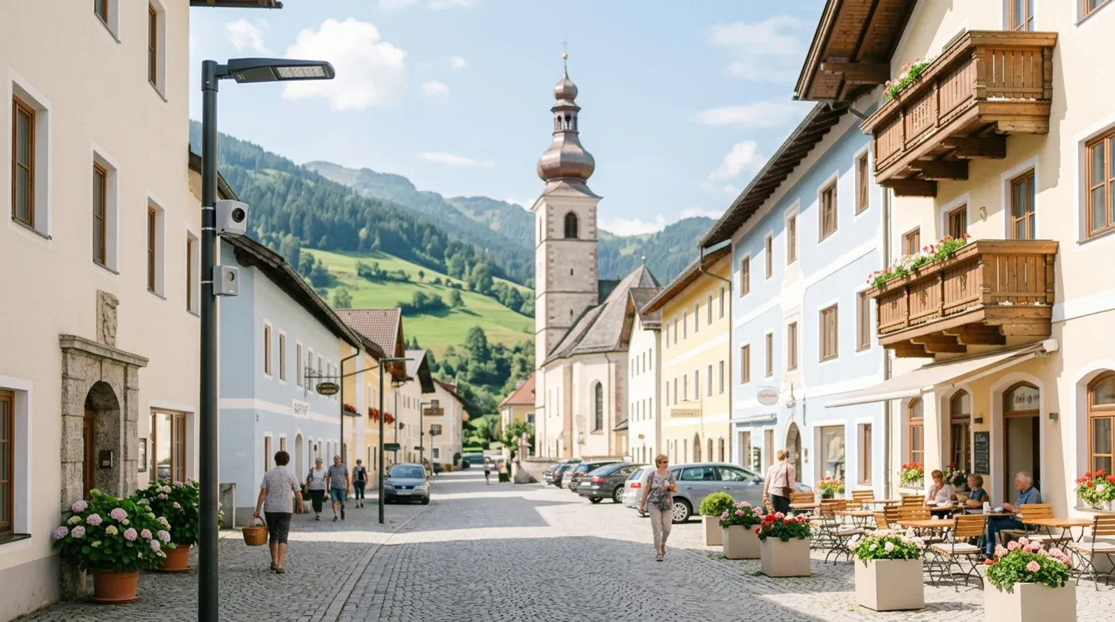 Small Austrian town main street on a sunny morning with a modern street lamp carrying a discreet sensor unit