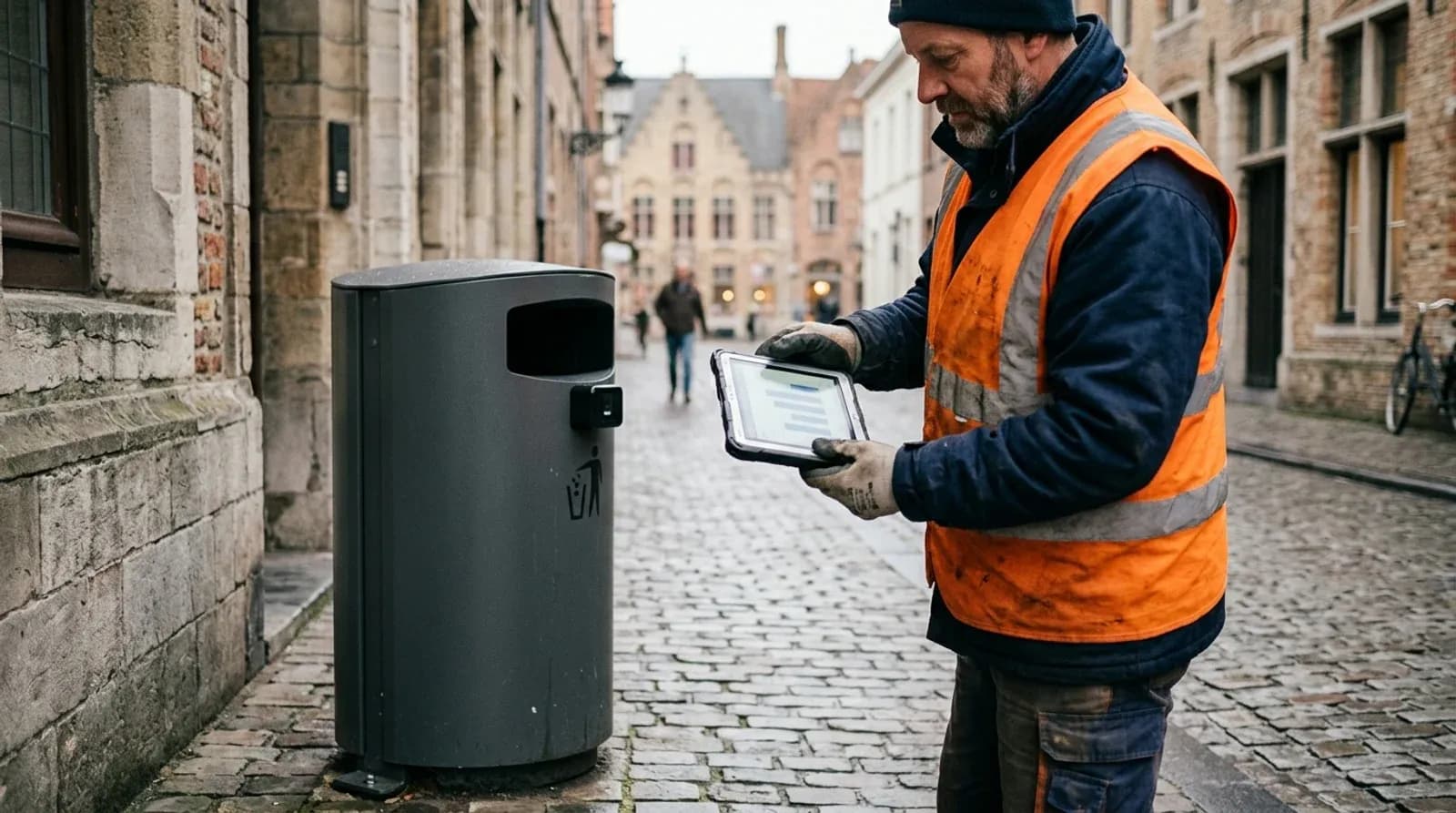 Municipal worker checking a tablet next to a public waste container equipped with a fill-level sensor