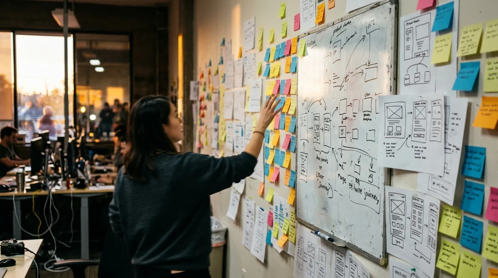 Startup office wall with sticky notes and product sketches around a whiteboard