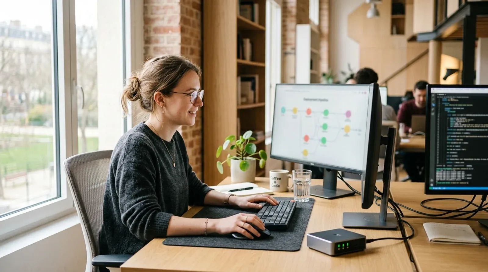 Engineer at a bright desk with monitors showing a deployment pipeline and terminal