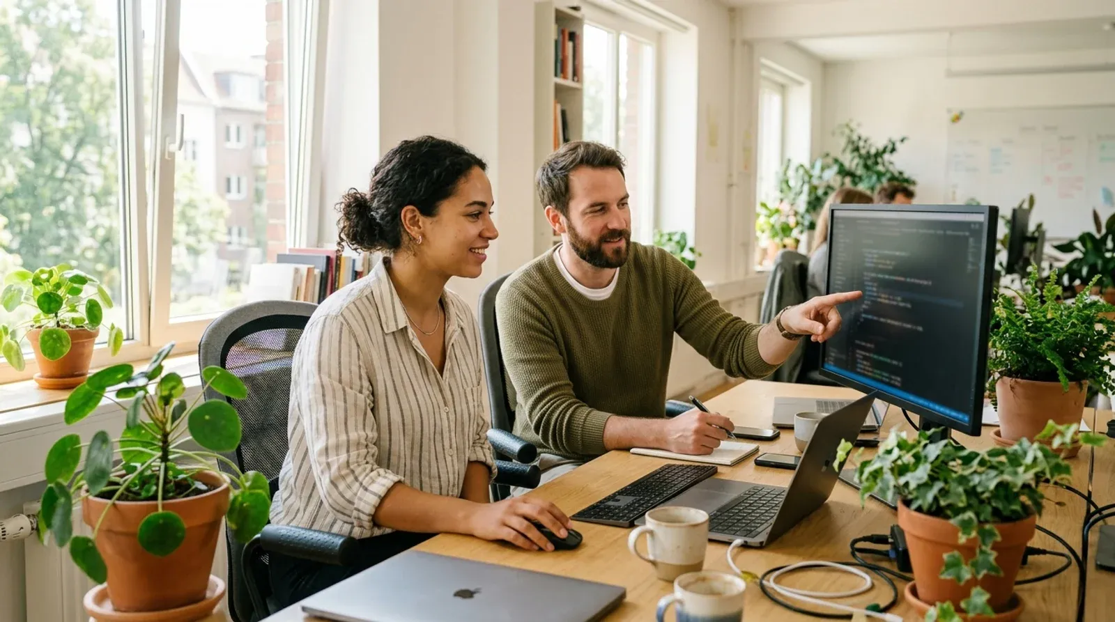 Two developers pair-programming at a bright desk with code on the monitor