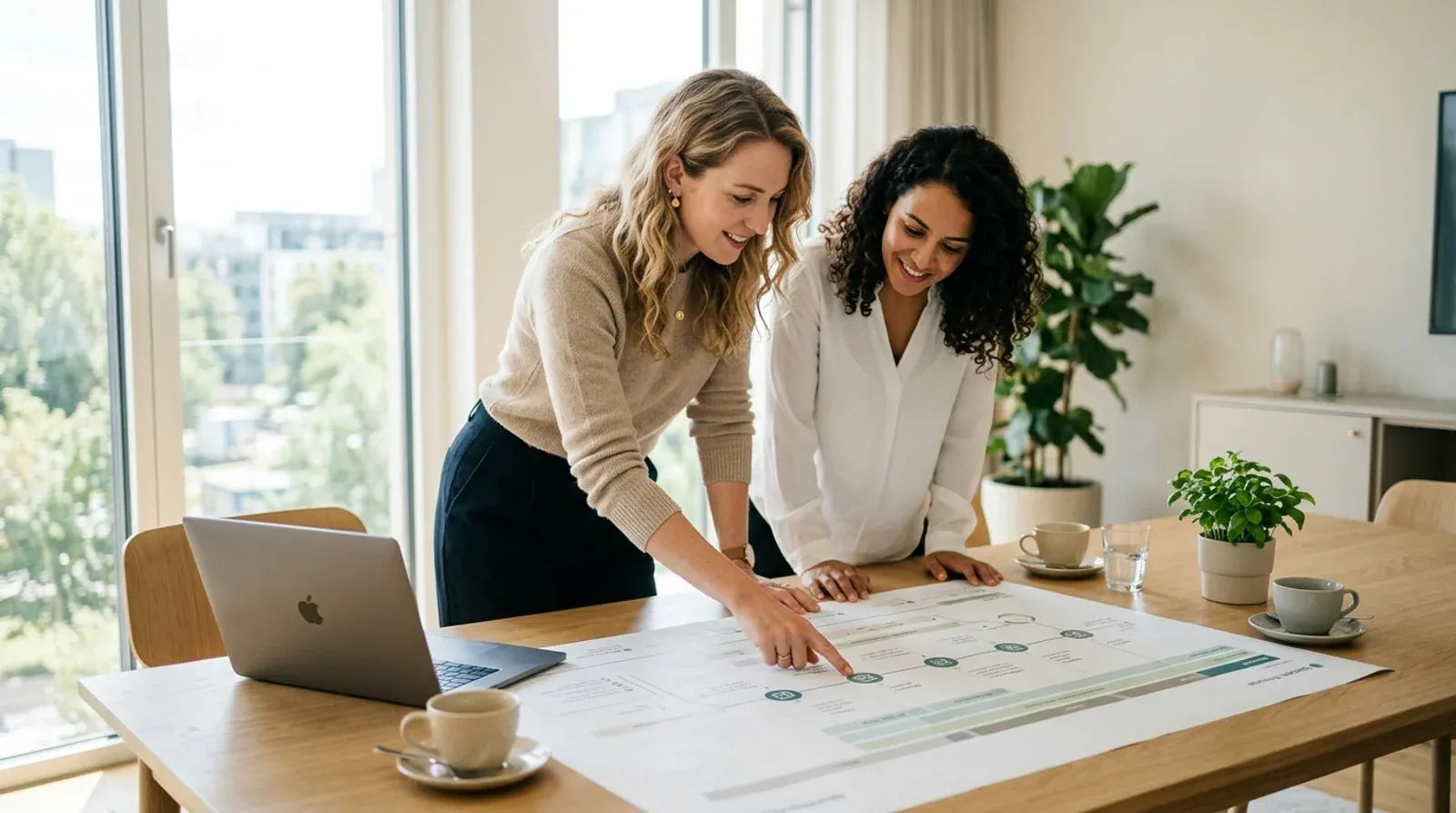Two consultants reviewing a printed strategy roadmap in a bright meeting room